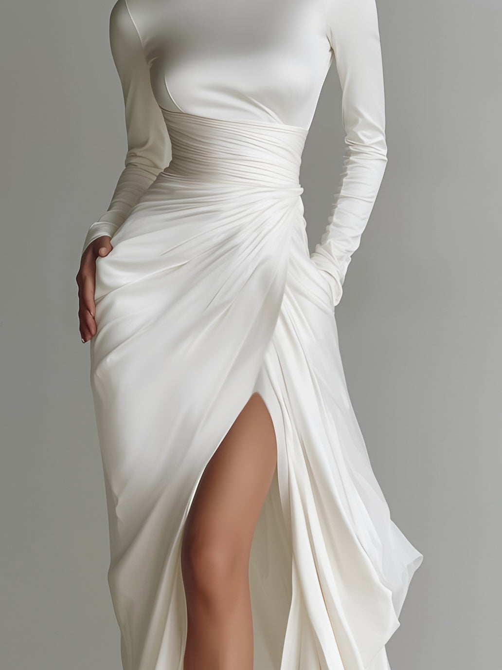 Women's Fashionable And Elegant White Glossy Satin Long-sleeved High-neck Slim-fit Slit Dress MDA2665K6AN