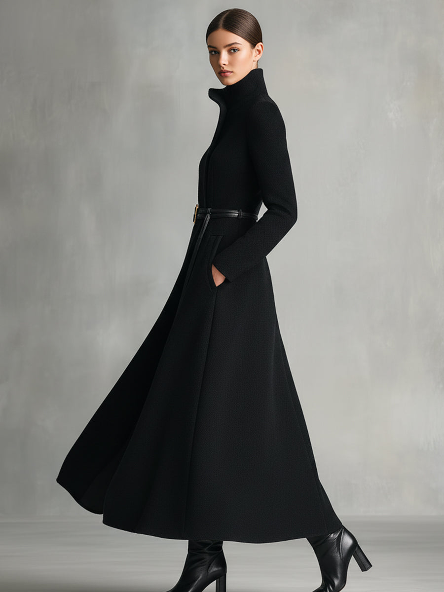 Women's Black Elegant Wool - Blend Turtleneck Belted Maxi Coat (without belt) MDA2807H5I