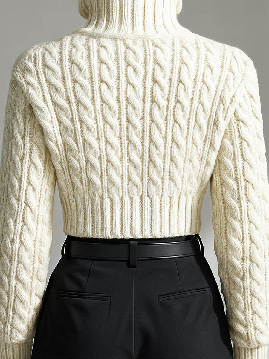 Women's White Elegant Cable - Knit Zip - Front Cropped Cardigan MDA1782I2I