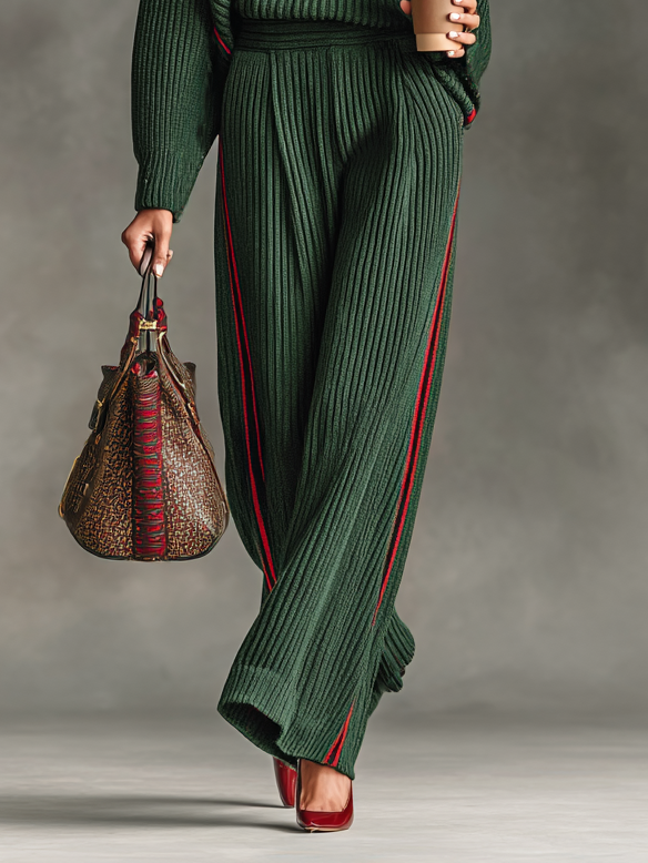 Women's Loose Red Trimmed Turtleneck Sweater Straight Pants Knitted Set MDA2420I4Y