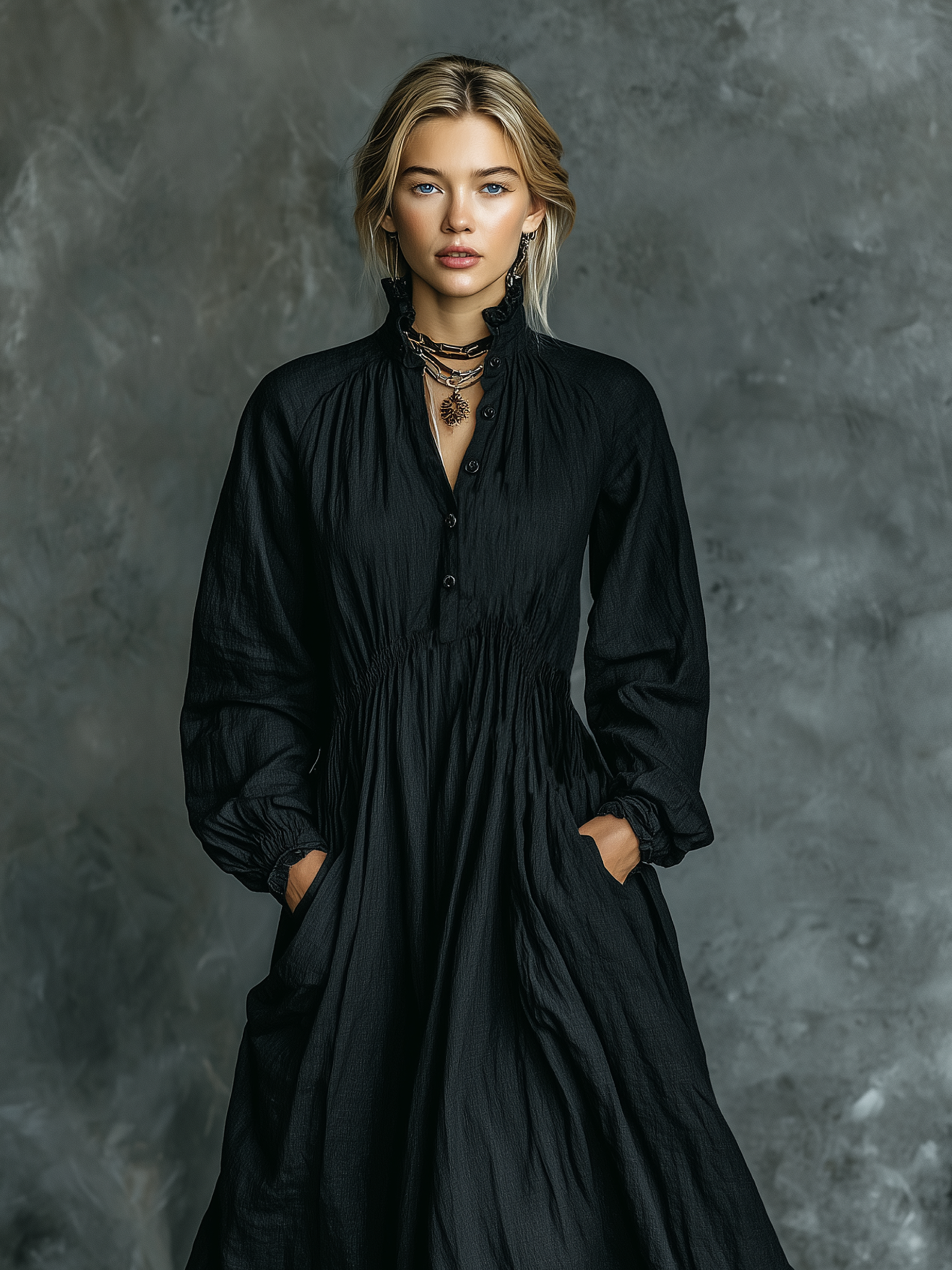 Women's Minimalist Cotton And Linen Stand-collar Maxi Dress MDA0760K9Y