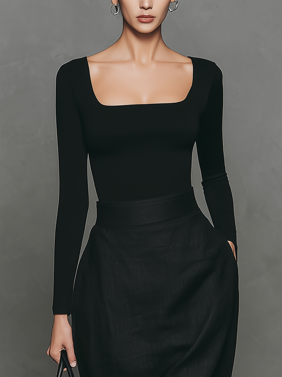 Women's Black Knitted Square-neck Top And Linen High-waisted Skirt Set MDA1758L7T