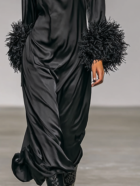 Women's Fashion Satin Round Neck Spliced Cuffs Removable Fur Midi Dress MDA2471I3Y