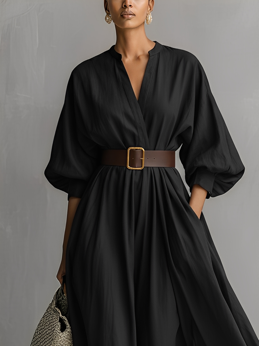 Women's Black Cotton Linen Slim-Fit V-Neck Lantern Sleeve Long Dress MDA2884K6T