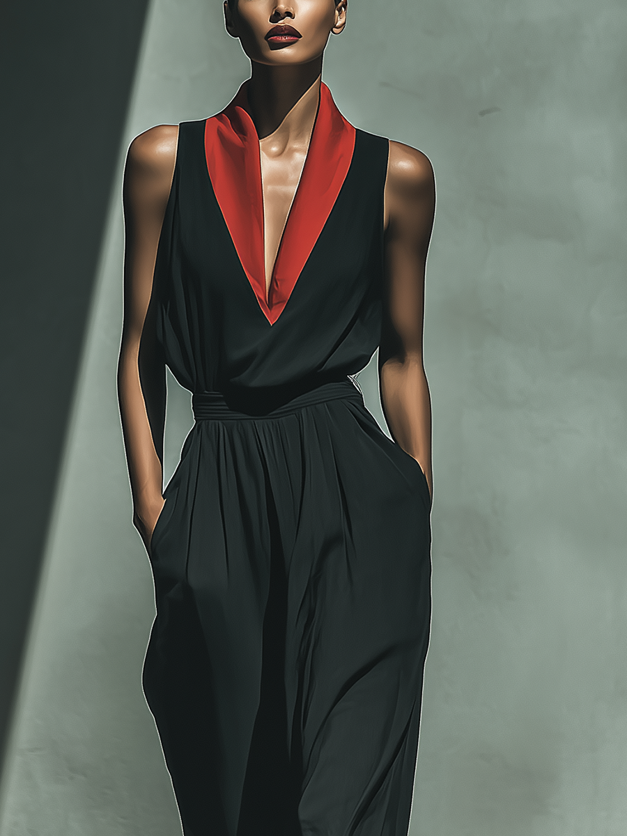 Women's Black Chiffon Sleeveless Jumpsuit With Red Contrast V-Neck Collar & Wide-Leg MDZ0965A8T