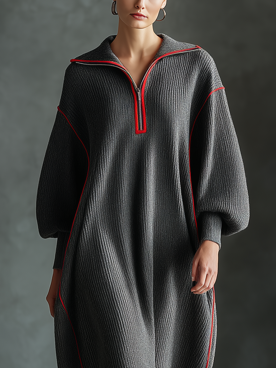 Women's Dark Gray Half-Zip Knit Midi Dress MDA0614K8T