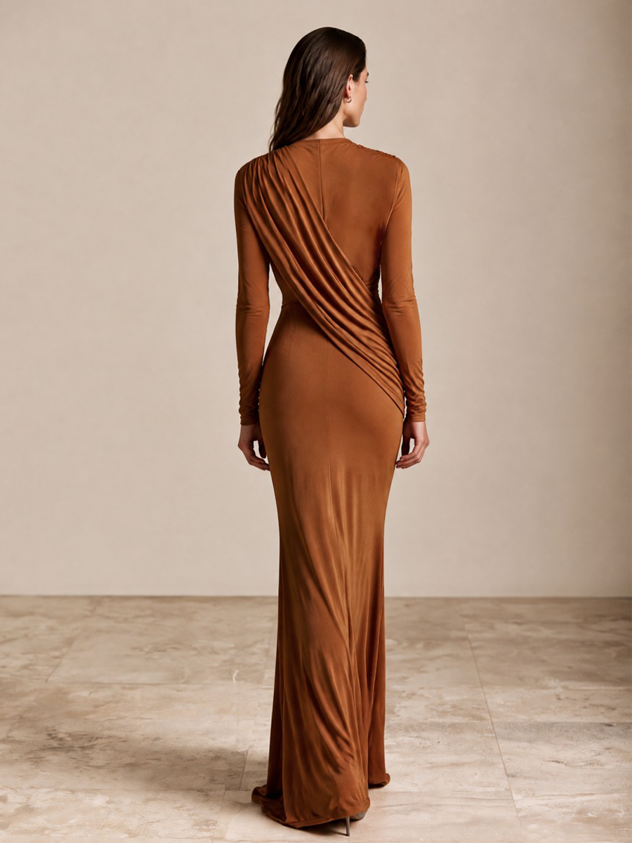 Women's Draped V-Neck Maxi Dress Caramel