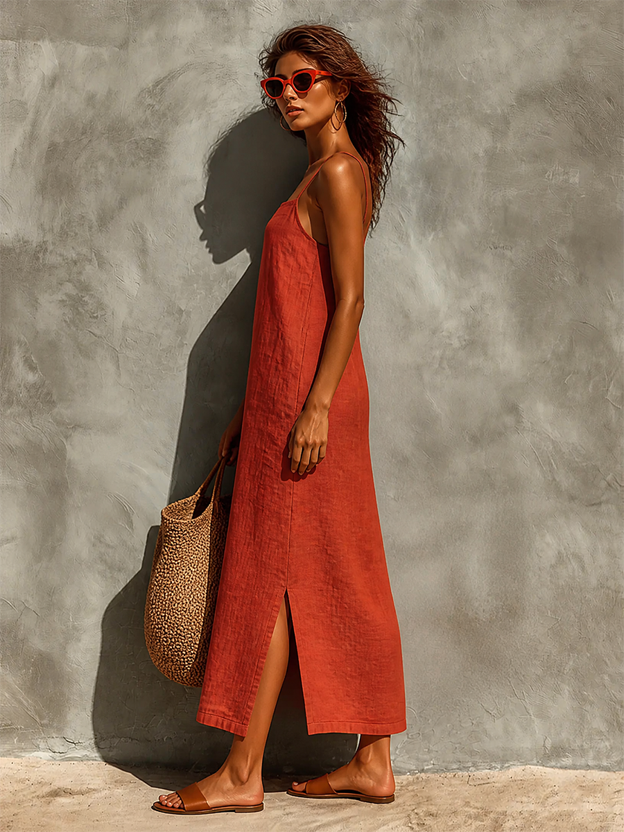 Women's Red Cotton Dress With Spaghetti Straps & Square Neck, Timeless Boho-Resort Style Dress MDZ0924C3I