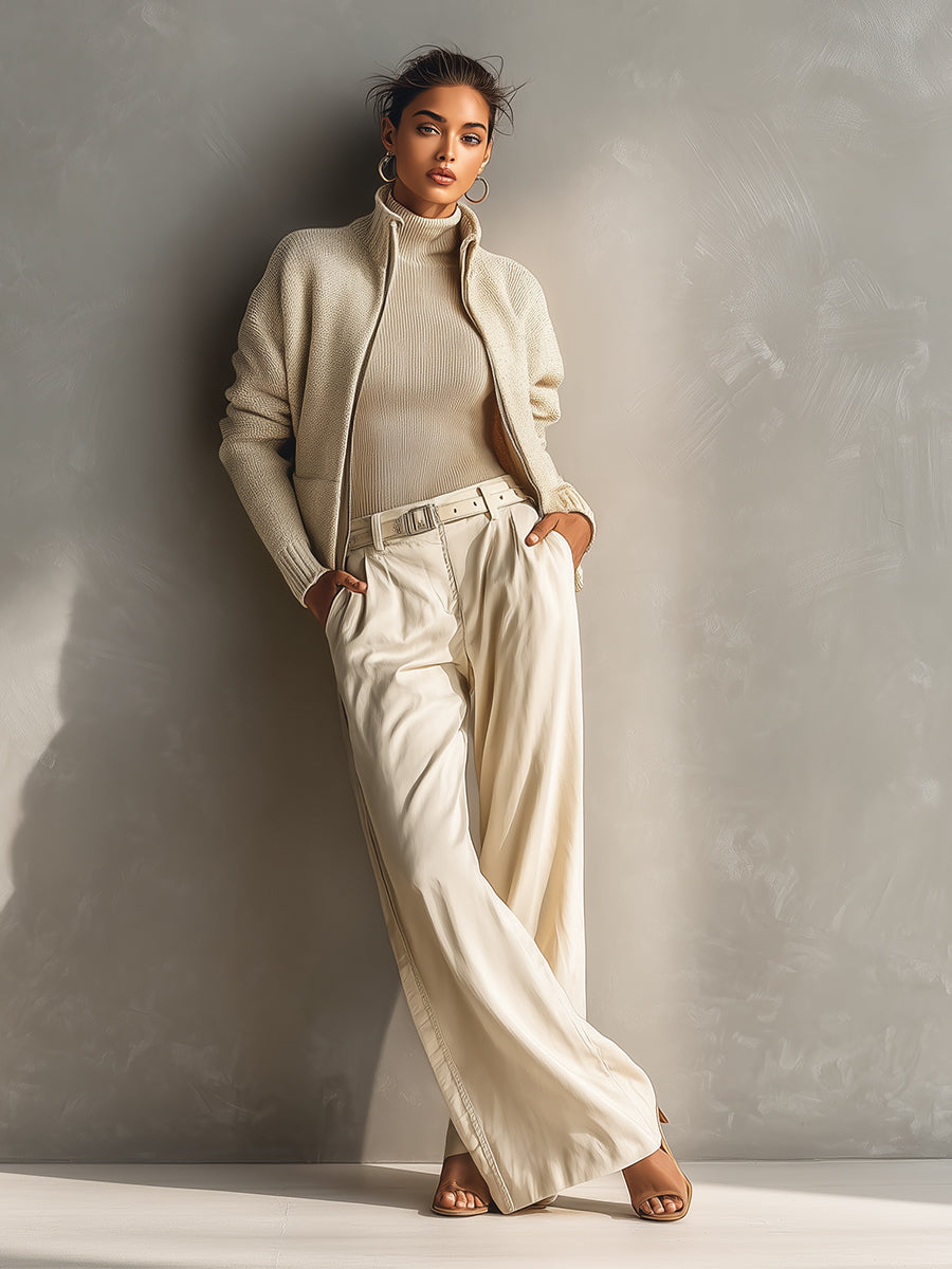 Women's Beige Classic Knit Zip - Front Jacket And Wide - Leg Pants Set MDA1678I7I