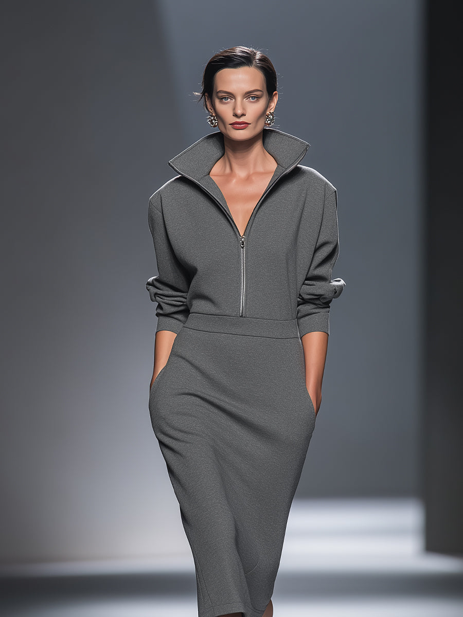 Women's Casual Cotton Polyester Half  Zip Midi Dress MDA0570H1I