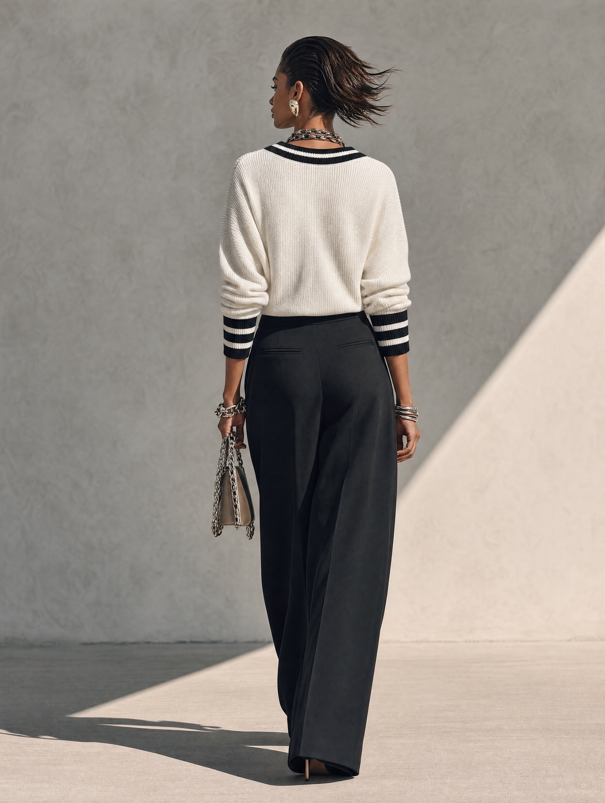 Women's Casual White Long-Sleeved Knit Sweater And Black Woven Trousers Two-Piece Set MDZ2763H2LXY
