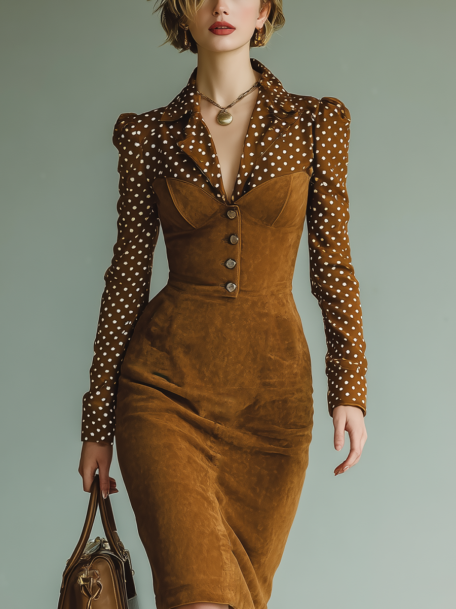 Women's Brown Faux Suede Lapel Polka Dot Midi Dress MDA2393J0T