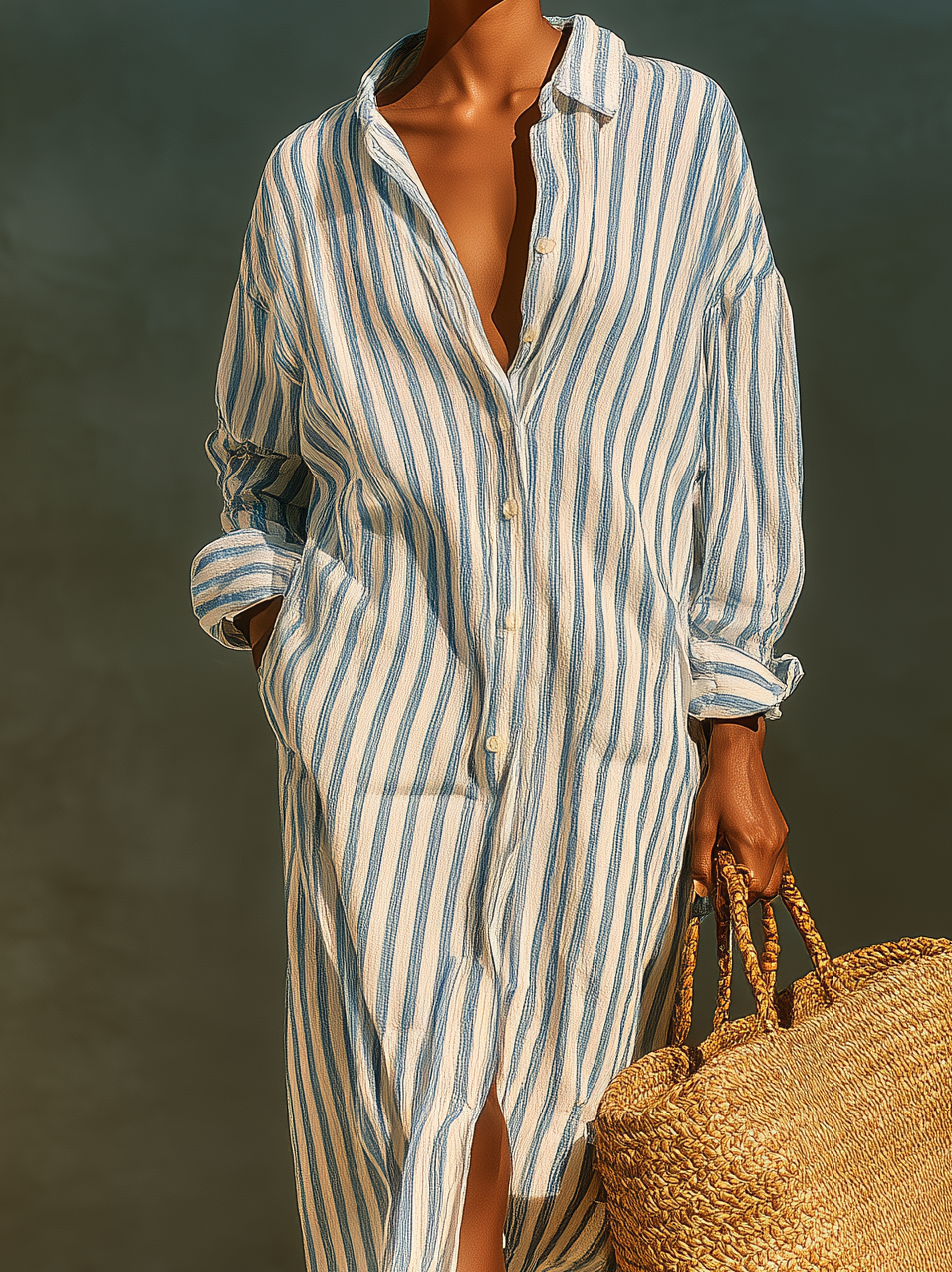 Women's Fashionable Casual Blue And White Striped Long-sleeved Shirt Dress MDA2483K4AN