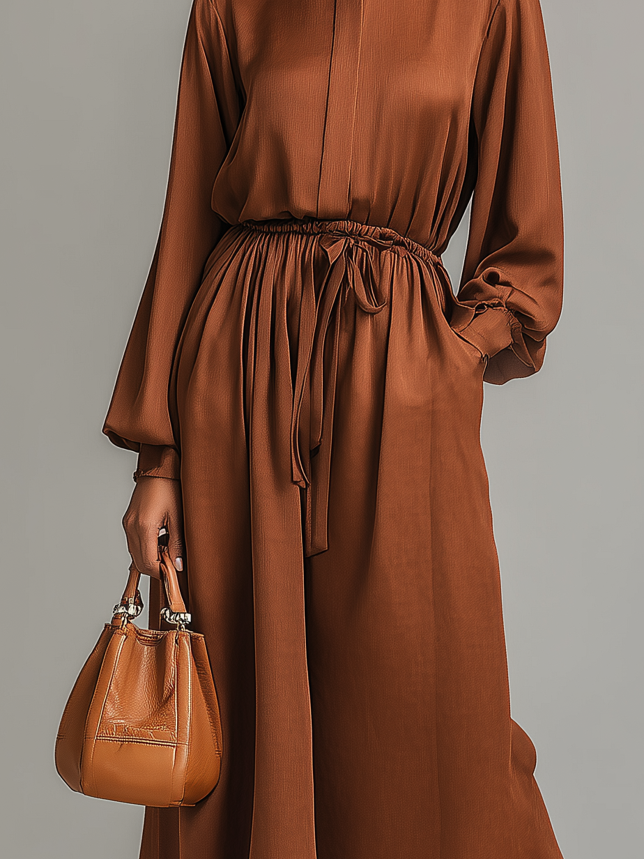Women's Elegant Brown Satin Round Neck Long Sleeve Midi Dress With Gathered Waist MDA2346L8AN