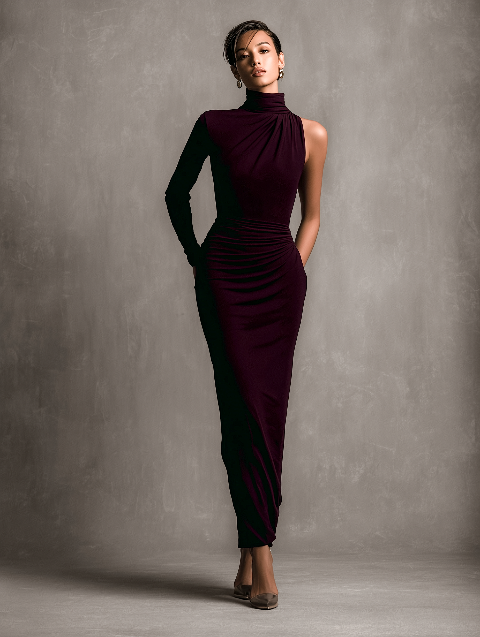 Women's Minimalist Stretch One-shoulder Maxi Dress (no Pockets) MDA1557L9Y