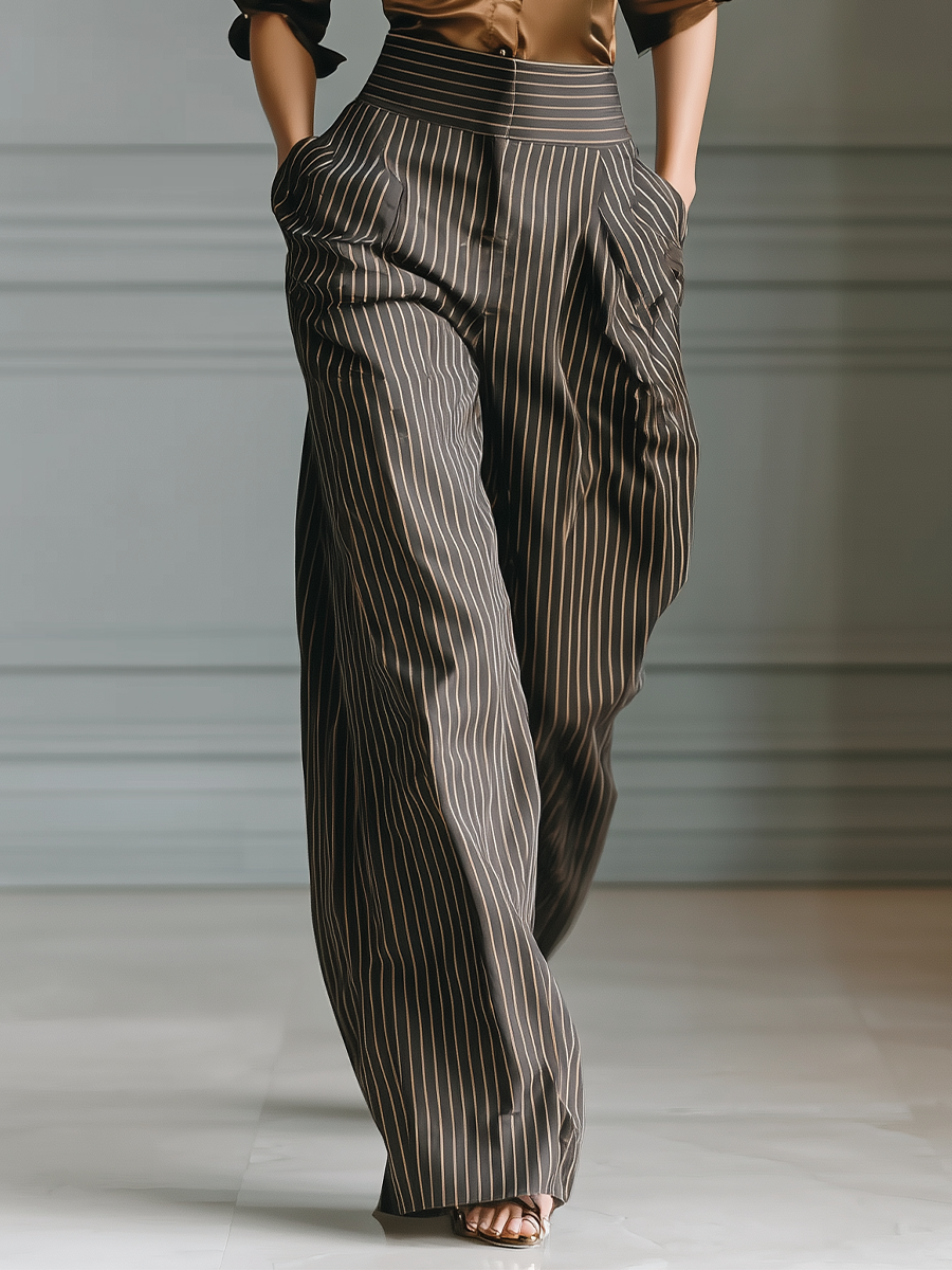 Women's Bronze Satin Fabric Collared Shirt & Brown-White Striped Wide-Leg Pants Set MDA1983L0T