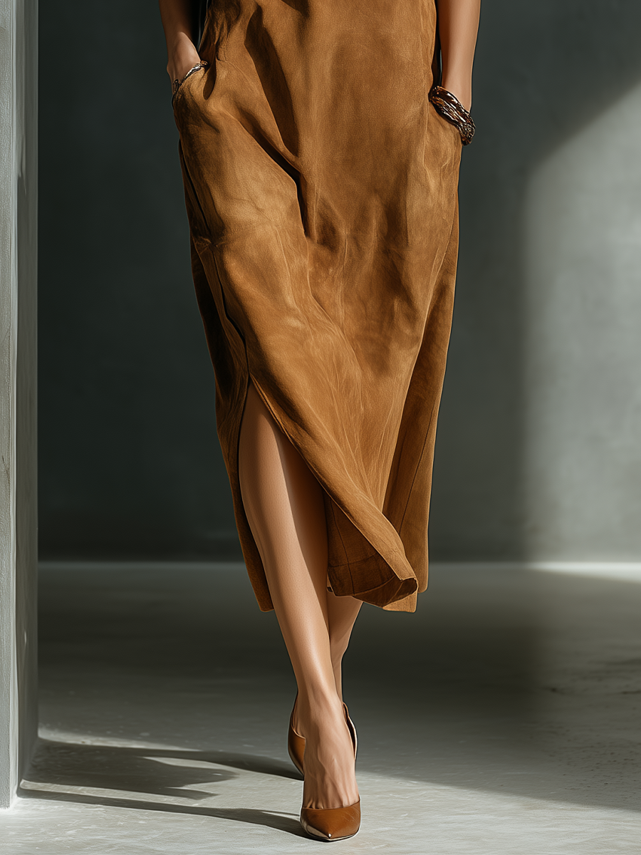 Women Camel Suede Sleeveless Split Hem Midi Dress MDA1706L3T