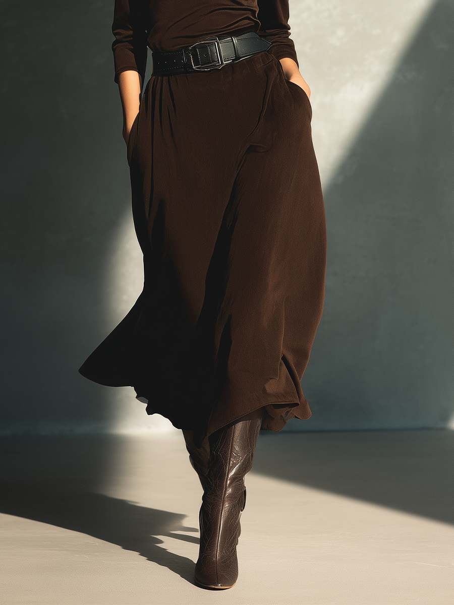 Women's Dark Brown Flowy Fabric Round Neck Fitted Waist Long Sleeve Maxi Dress MDA0529K2T