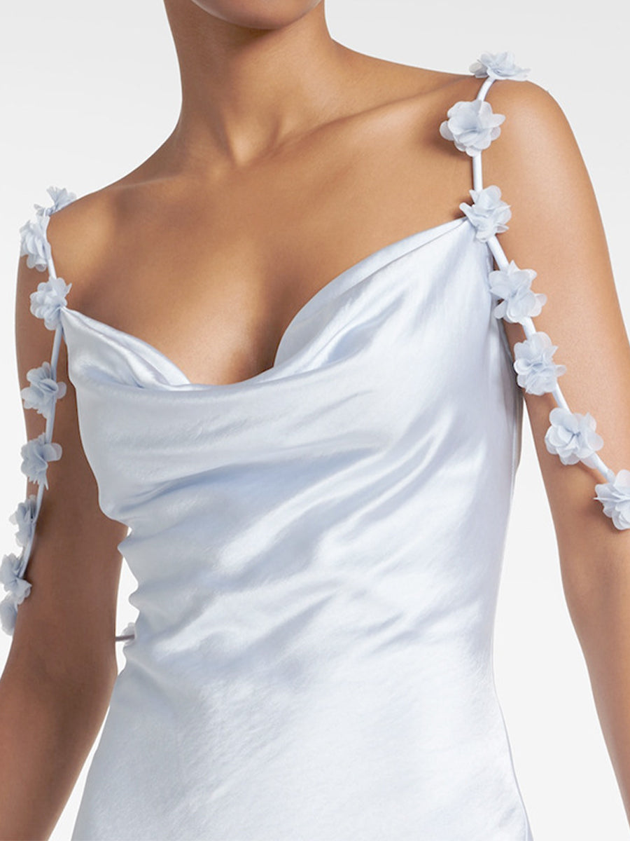 Women's Light Blue Romantic Silk - Like Satin Floral - Strap Maxi Dress MDA0989I7I