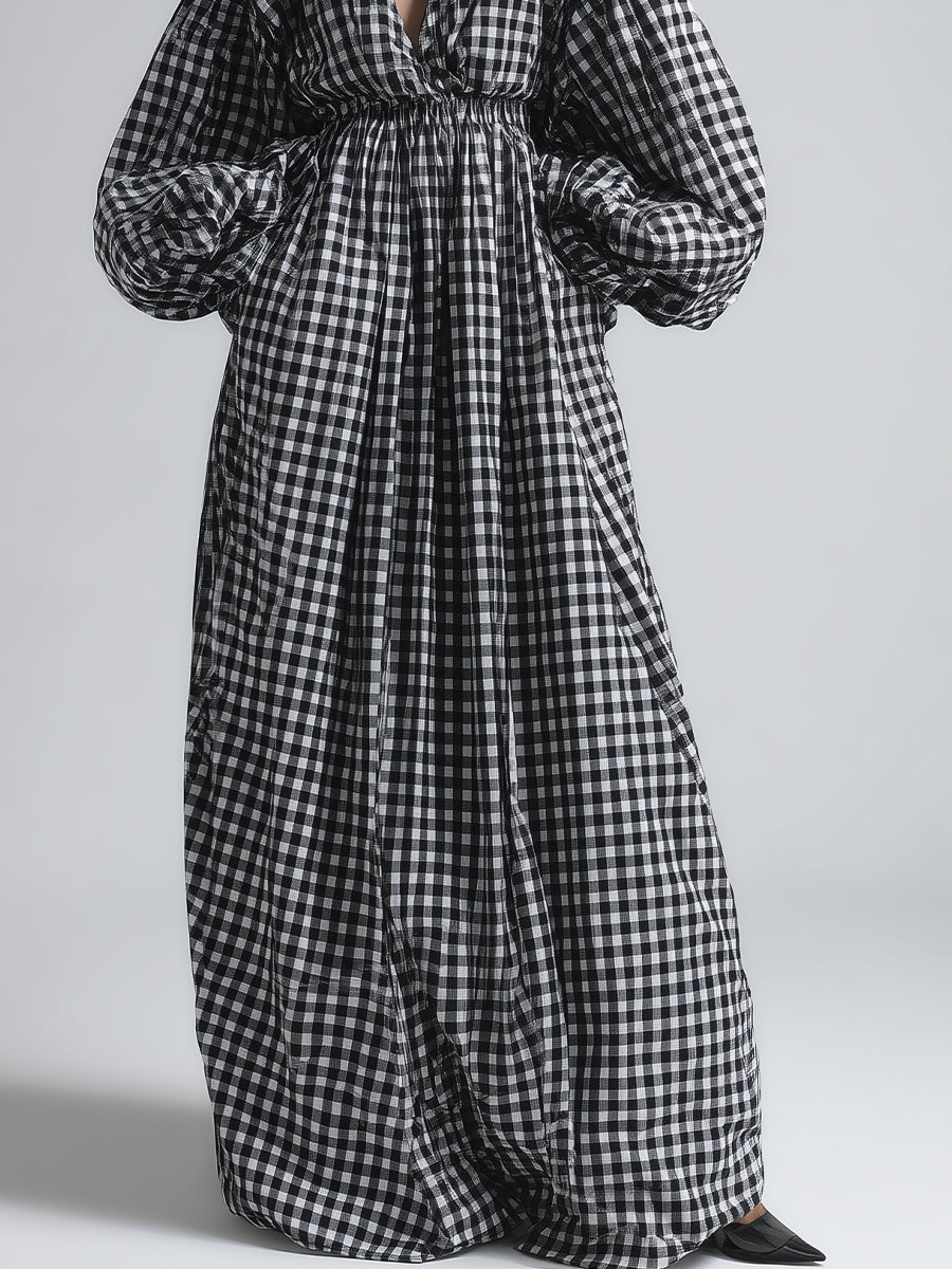 Women's Black & White Checked Linen Chic Deep V-Neck Voluminous Sleeve Maxi Dress MDA0117K6I