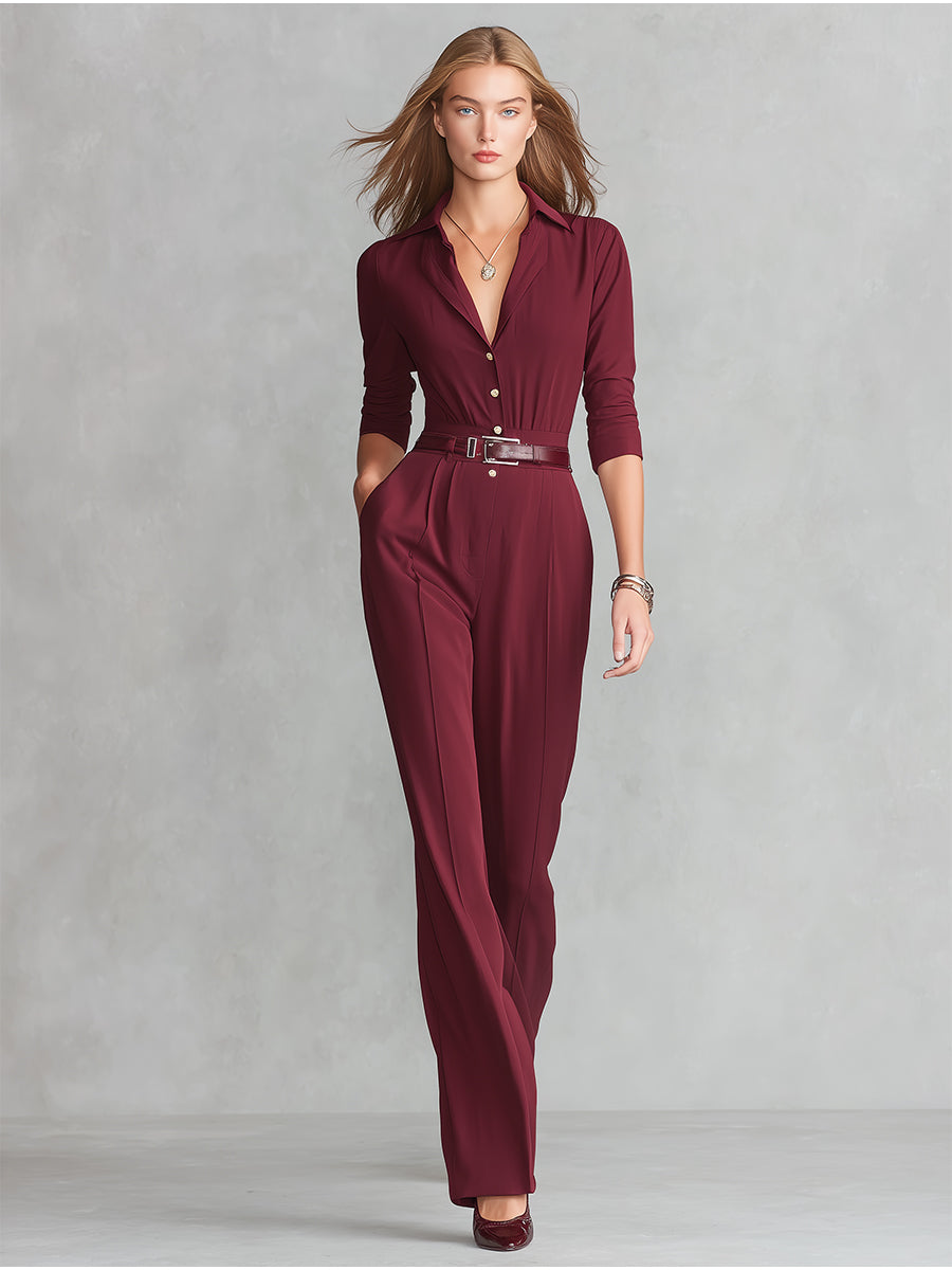 Women's Burgundy Cotton-Blend Elegant Jumpsuit With Shirt Collar & Belted Waist, Timeless Formal Style Jumpsuit MDA2930K3I
