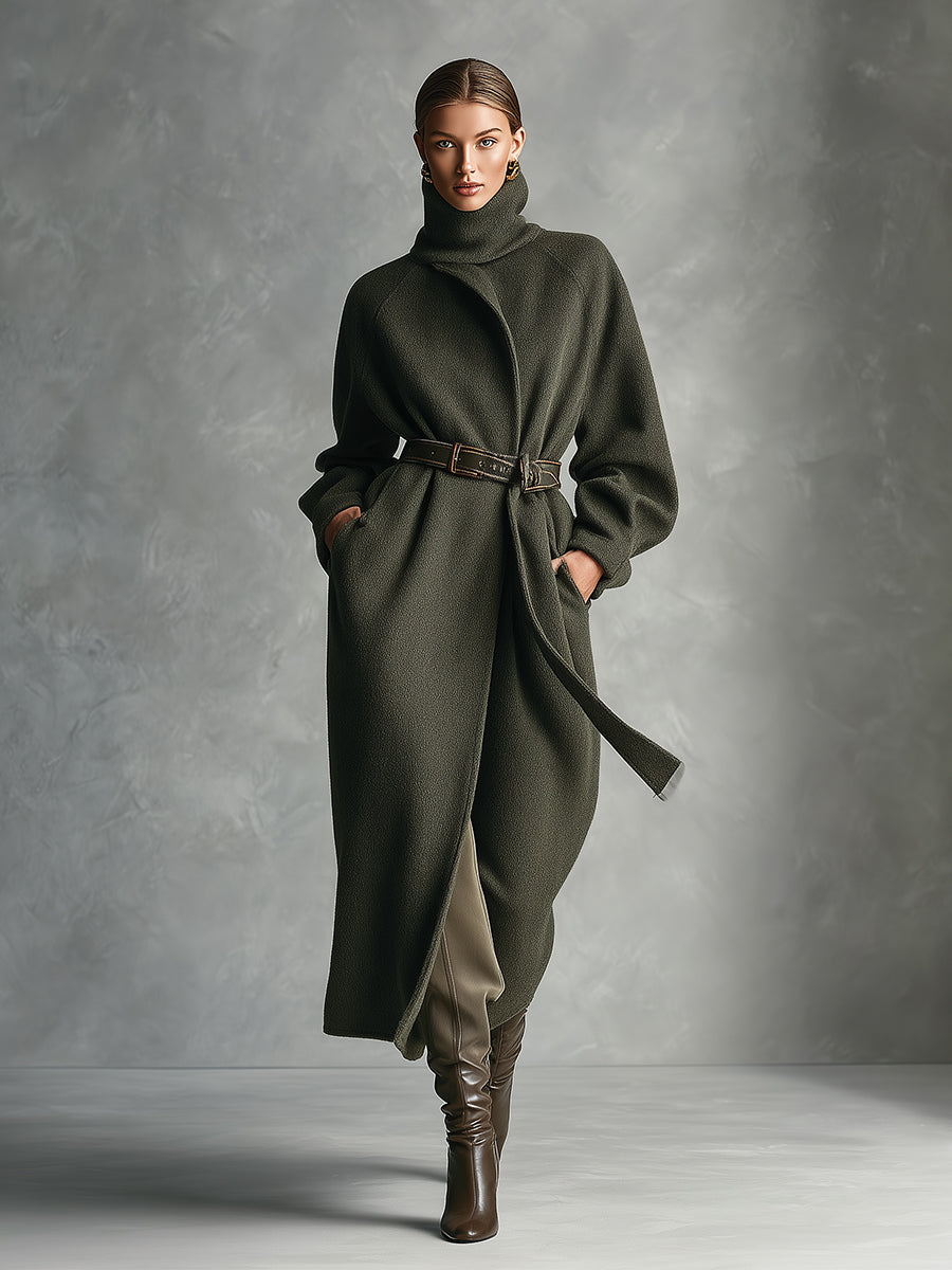 Women's Olive Green Classic Wool - Blend Belted Maxi Coat(Neck scarf included) MDA1042I3I