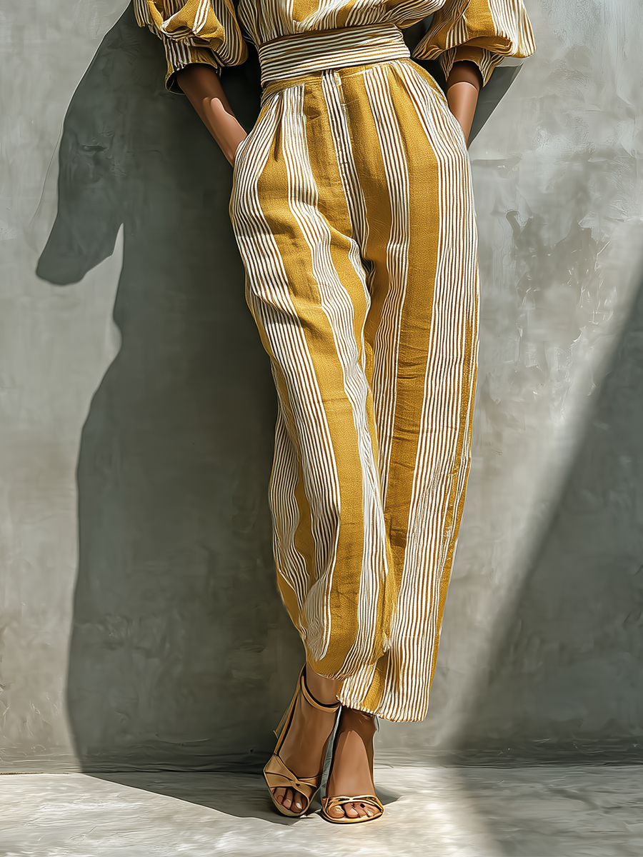 Women's Yellow And White Vertical Striped Cotton-Linen Blend Casual Set MDA2583G4T