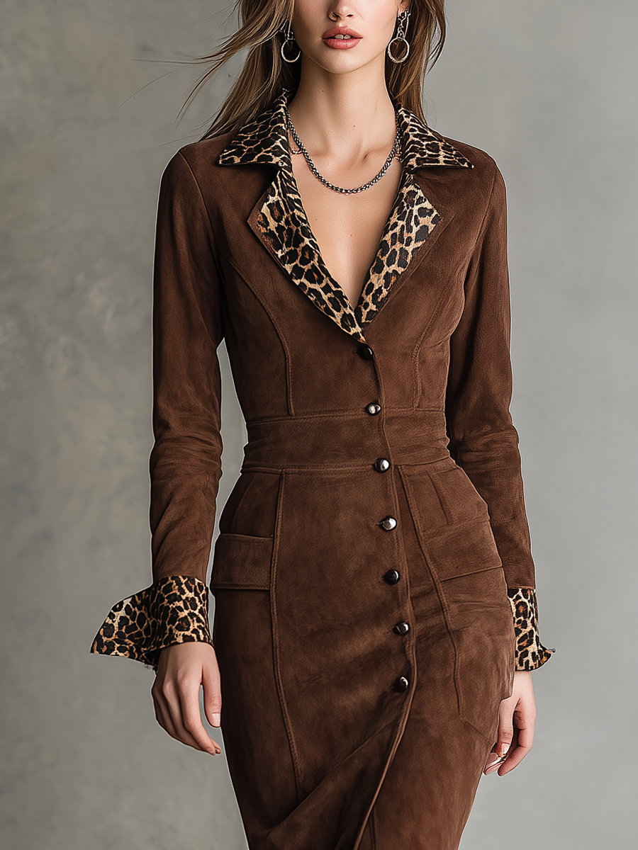 Women's Dark Brown Faux Suede Leopard Print Patchwork Collar Slim Fit Midi Dress MDA0688K3T