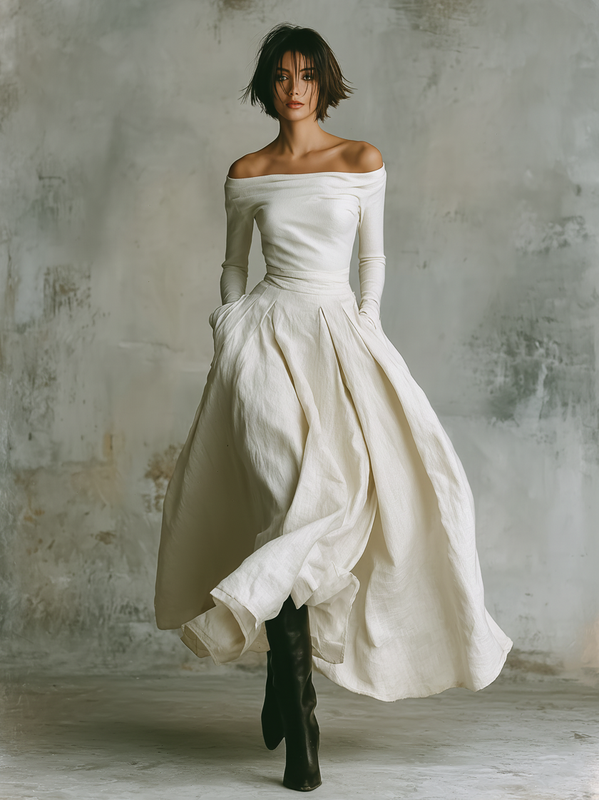 Women's Minimalist Stretch Off-the-shoulder T-shirt And Cotton-linen Skirt Set MDA1598L1Y