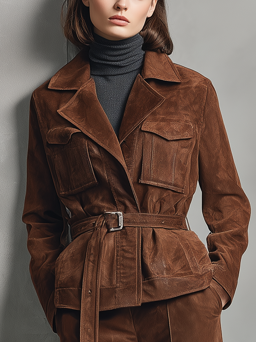 Women's Dark Brown Faux Suede Fitted Lapel Jacket MDA3116J0T