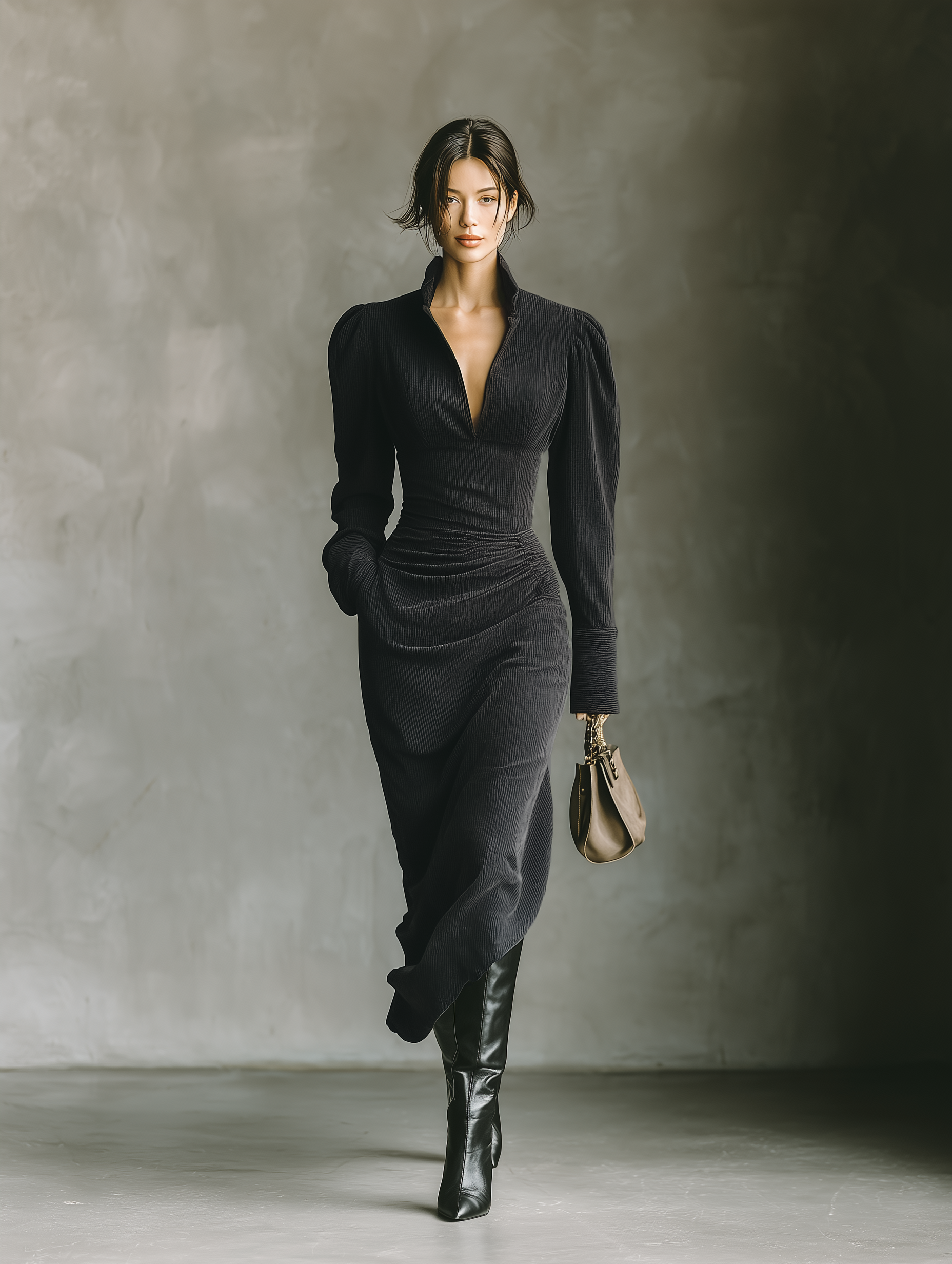 Women's Corduroy V-neck Waist Maxi Dress MDA0132H2T