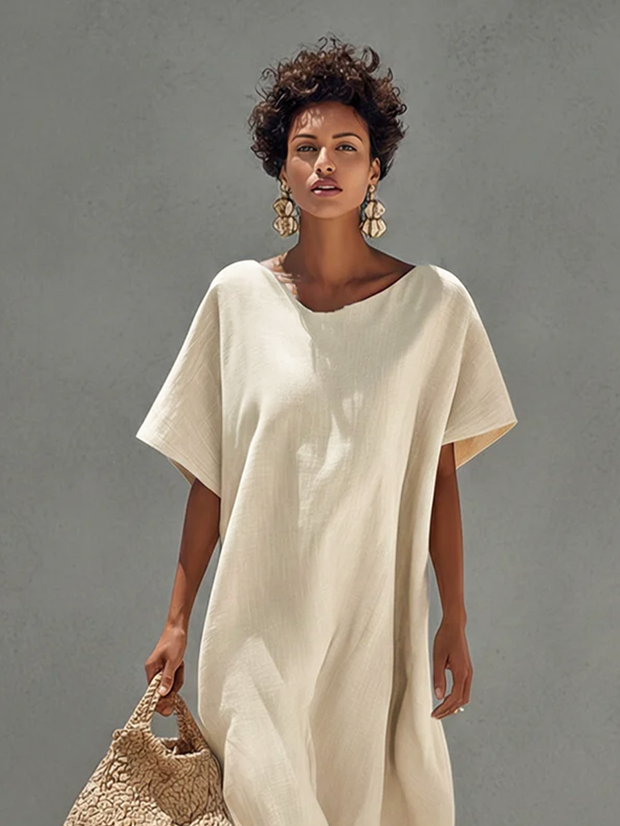 Women's White Cotton Dress With Relaxed Fit & Minimalist Design, Timeless Resort-Casual Style Dress MDZ0528B5I