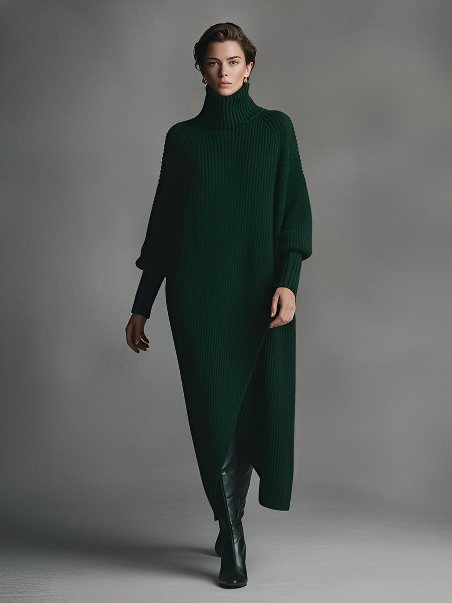 Women's Emerald Green Ribbed Knit Elegant Dress With Turtleneck & Oversized Silhouette, Luxe Casual Style Dress MDA0402K9I