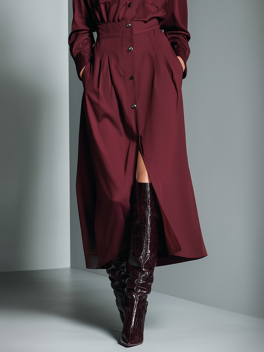 Women's Burgundy Cotton Blend High-Waisted Long-Sleeved Midi Dress MDA0676K3T