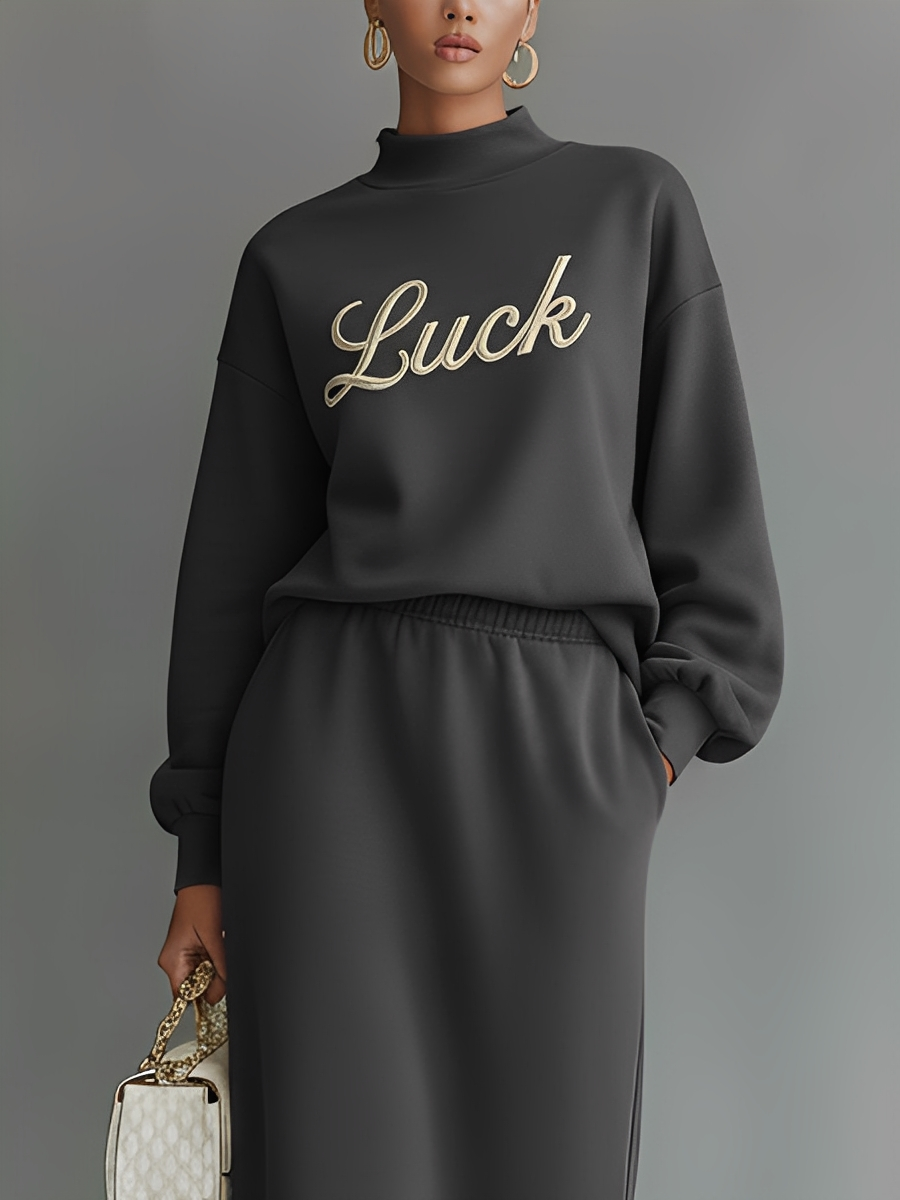 Women's Dark Gray High-Neck Sweatshirt With Embroidered Letters And High-Waisted Midi Skirt Set MDA2965K8T