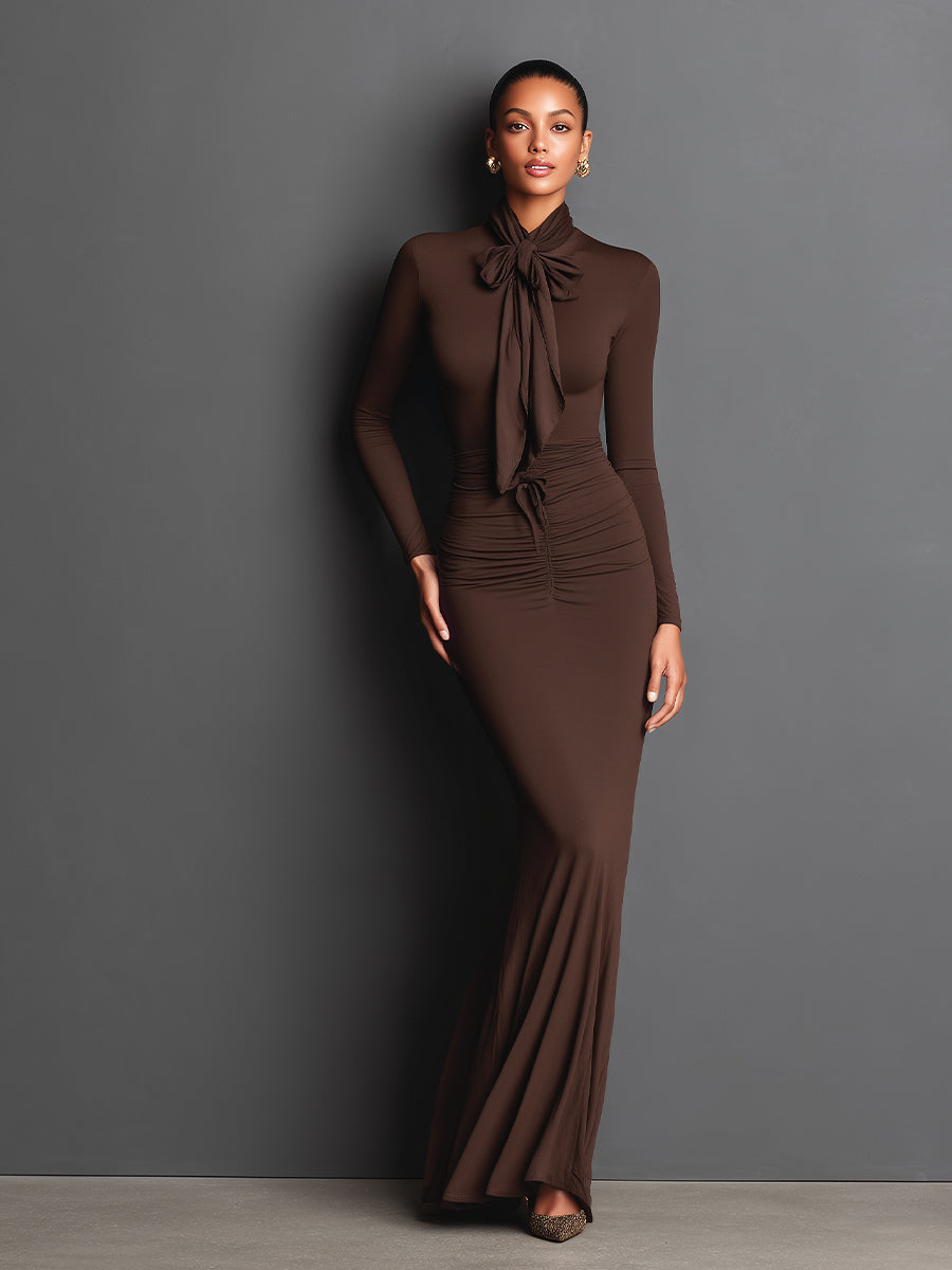 Women's Chocolate Brown Knitted Trendy Maxi Dress With Bow Neck & Bodycon Silhouette, Modern Elegant Style Maxi Dress MDA3066J1I