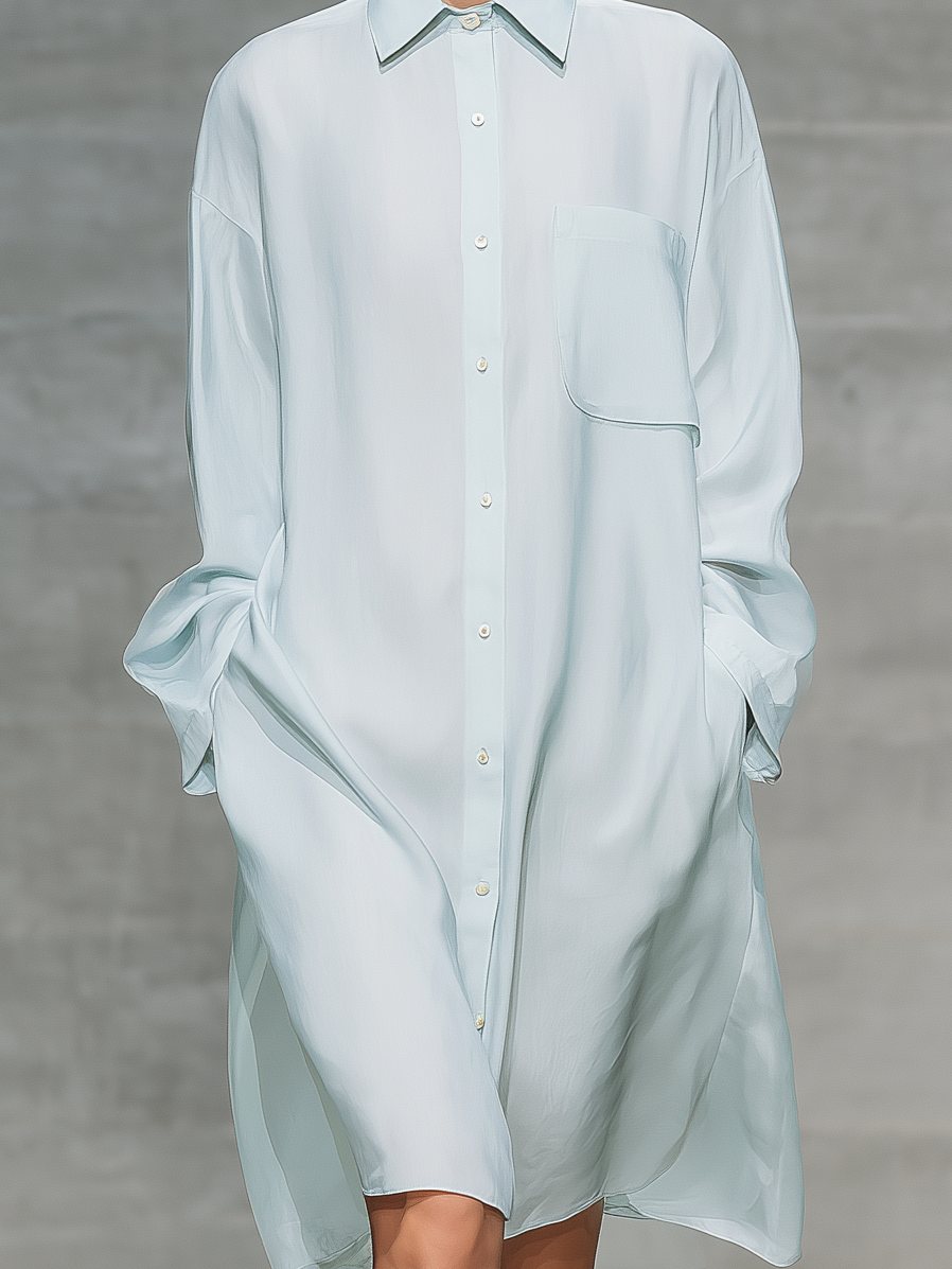 Women's Elegant Light Blue Chiffon Loose-fitting Long-sleeved Shirt Dress With Lining MDA3082L9AN