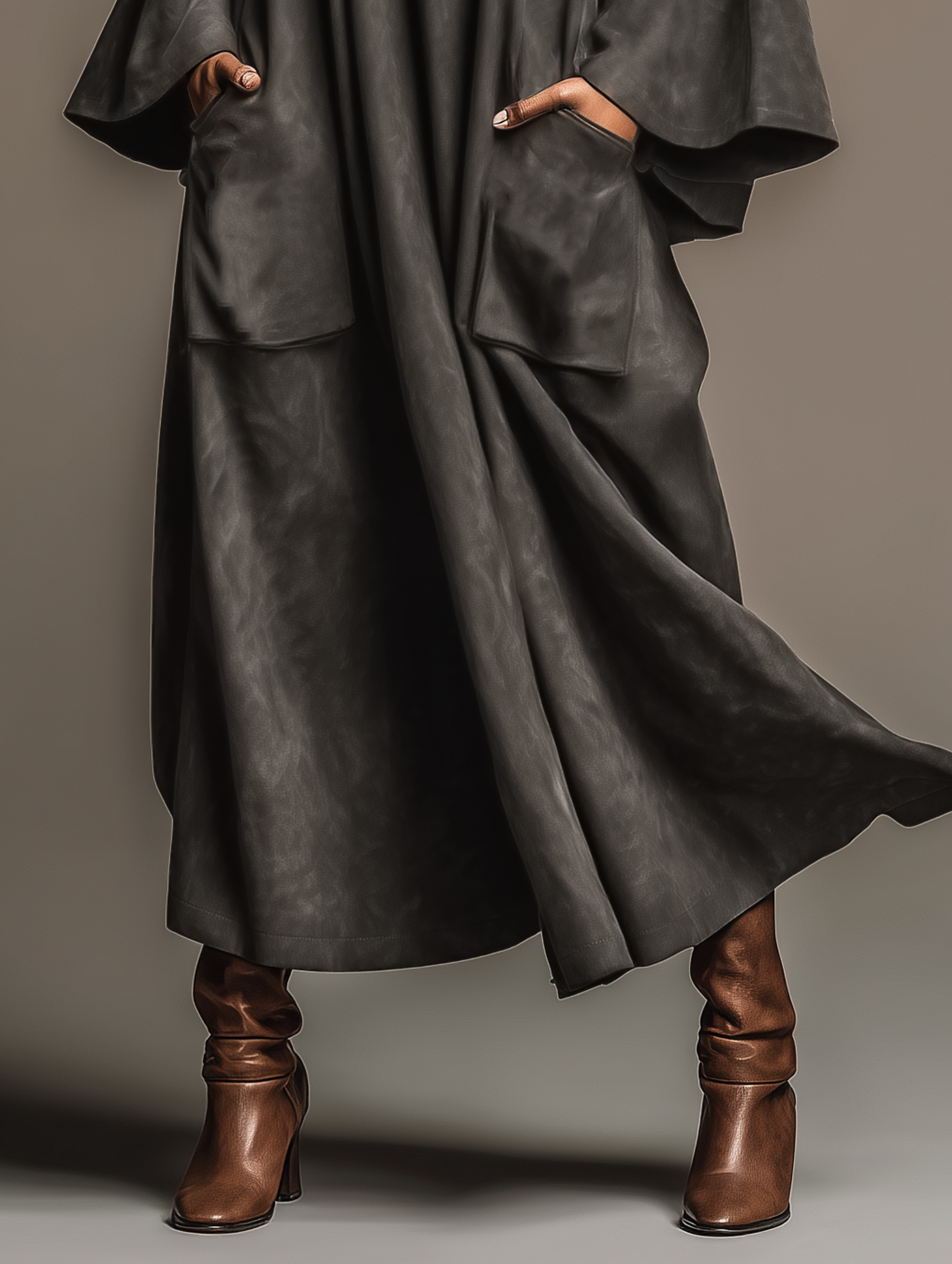 Women's Loose-fitting Faux Suede Zipper Round Neck Flared Sleeve Maxi Dress MDA3137J3Y