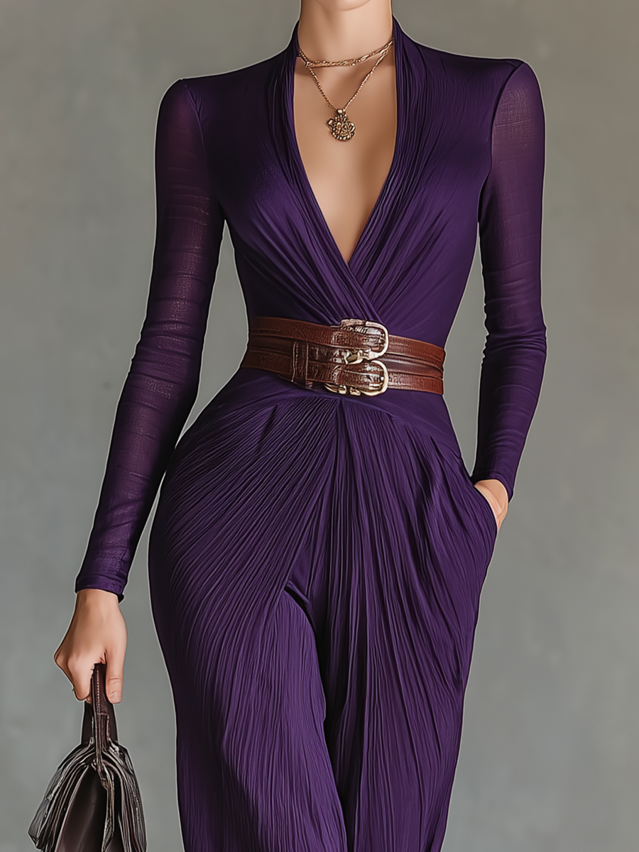 Women's Dark Purple Chiffon Cinched Waist Jumpsuit (Without Belt) MDA2918G0T
