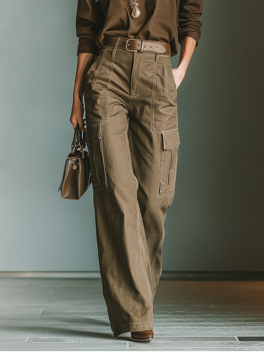 Women's Dark Brown Cotton Blend Top And Overalls Trousers Set MDA1552I4T
