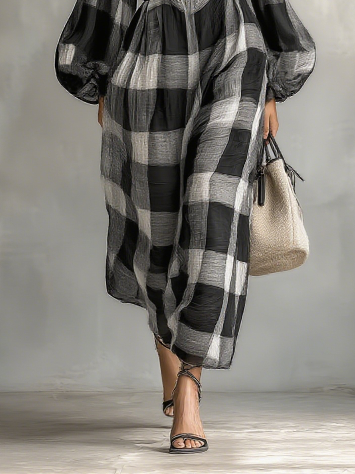 Women's Fashion Plaid Round Neck Lantern Sleeve Belt Maxi Dress MDA0432H4Y