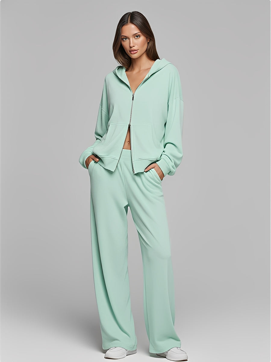 Women's Soft Green Cotton-Blend Set With Double-Zip Hoodie & Wide-Leg Pants, Timeless Cozy-Casual Style Set MDA1971L8I
