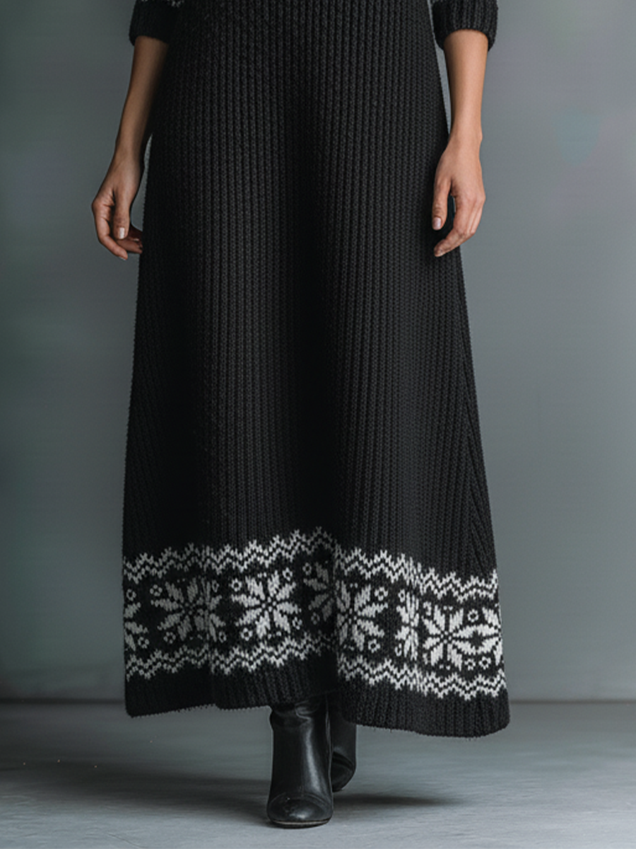 Women's Black Oversized Ribbed Knit Fabric Snowflake-Patterned Collared Maxi Dress MDA1607L7T