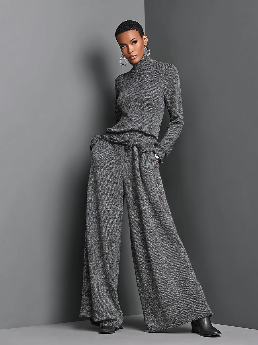 Women's Grey Elegant Rib - Knit Turtleneck Sweater & Wide - Leg Pants Set MDA1556H8I