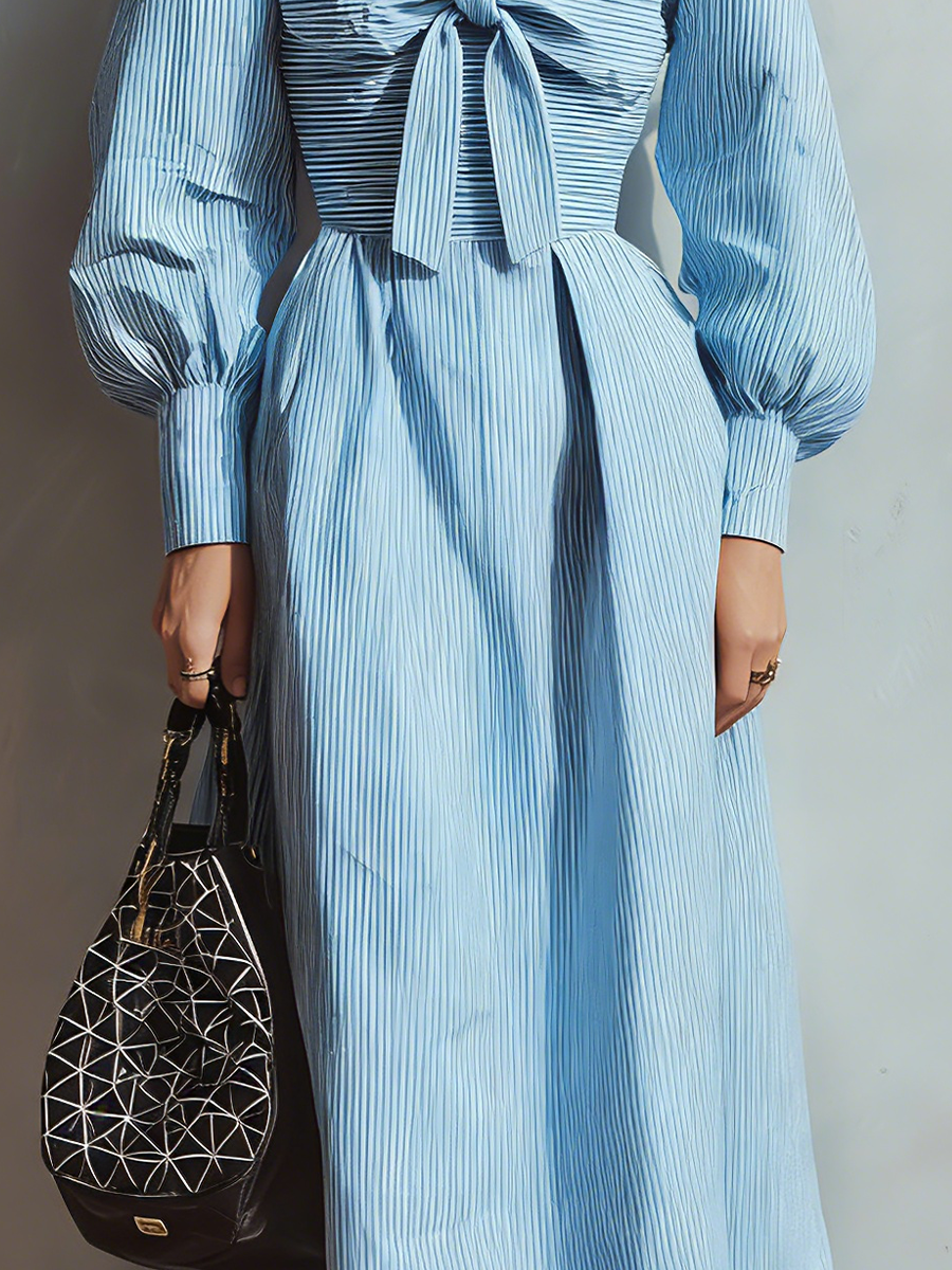 Women's Light Blue Striped Cotton Blend Fabric Square-Neck Bow-Detail Puff-Sleeve Maxi Dress MDA1987L3T