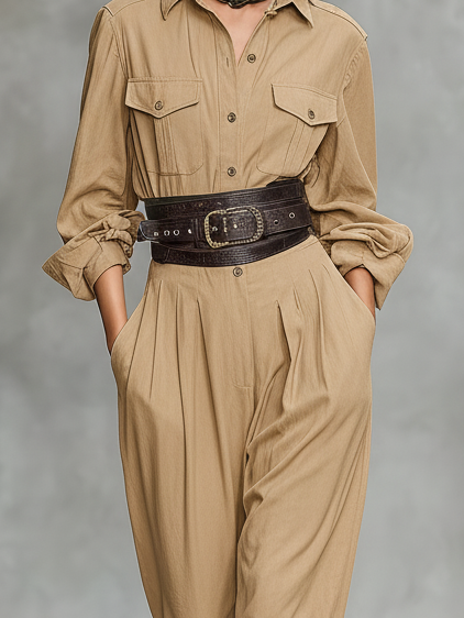 Women's Elegant Khaki Long-sleeved Shirt Collar Woven Jumpsuit Without Belt MDA1098L1AN