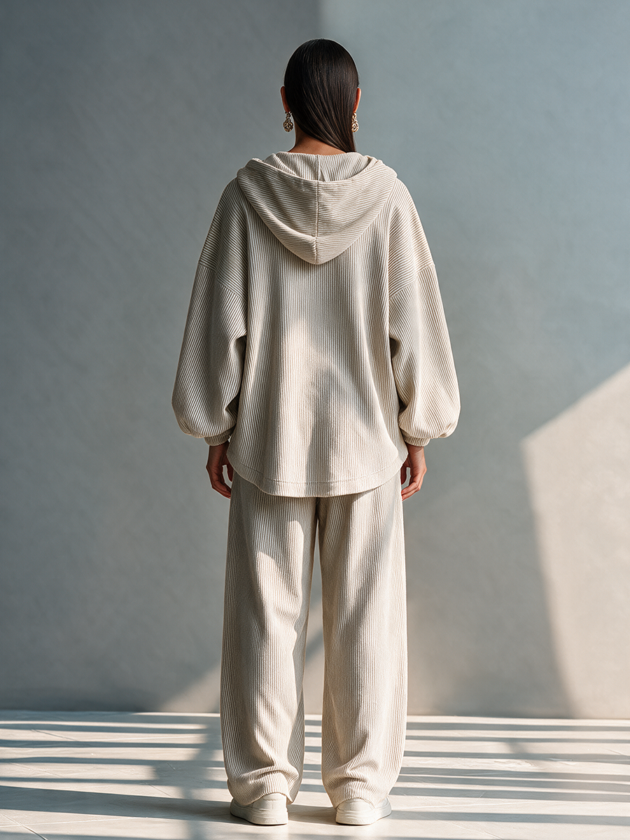 Women's Hooded Half-Zip Drop-Shoulder Oversized Pullover And Wide-Leg Pants Two-Piece Set MDZ2588H1CMX