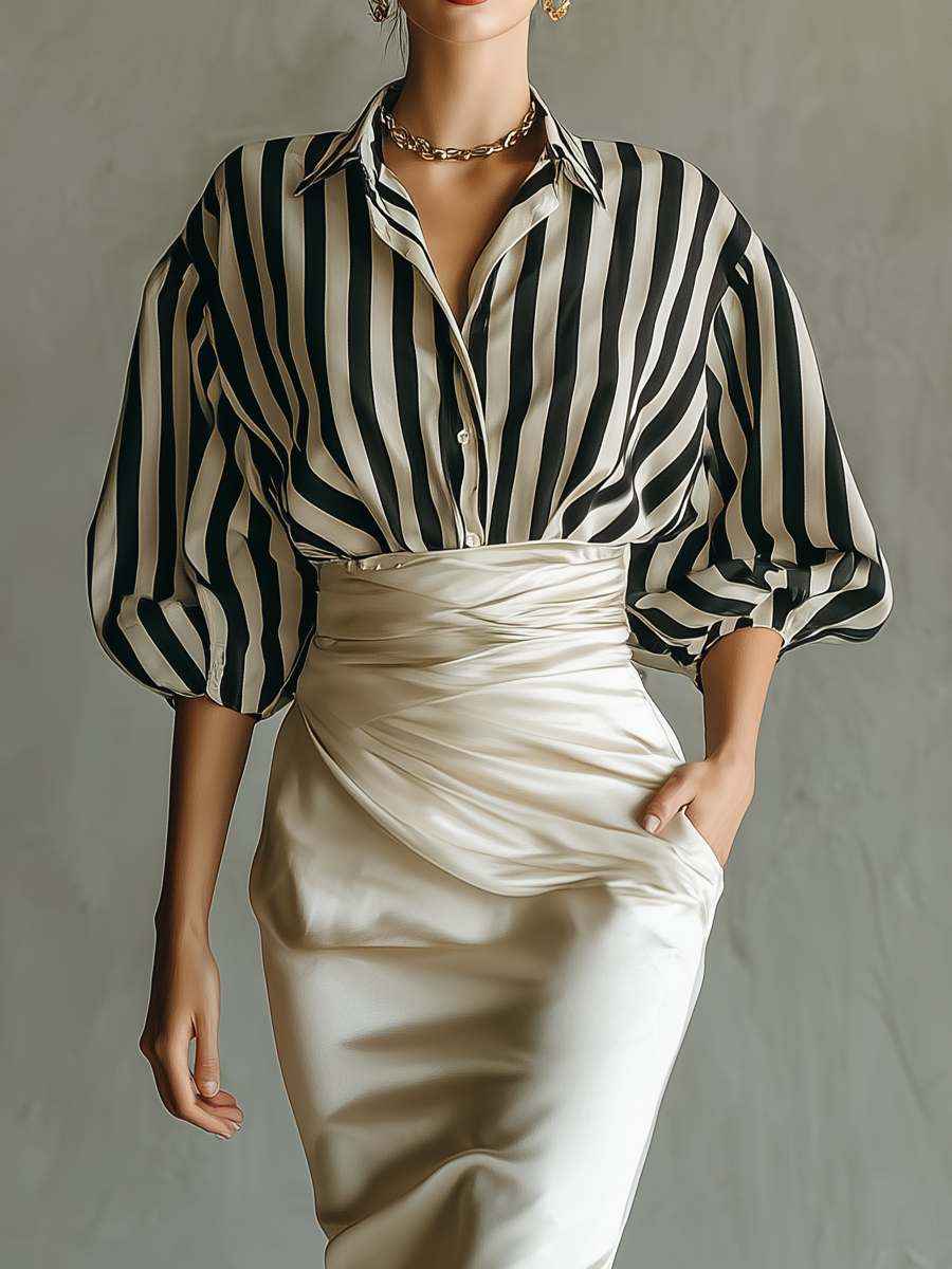 Women's Black And White Striped Cotton Shirt And Beige Satin Skirt Set MDA0826H7T
