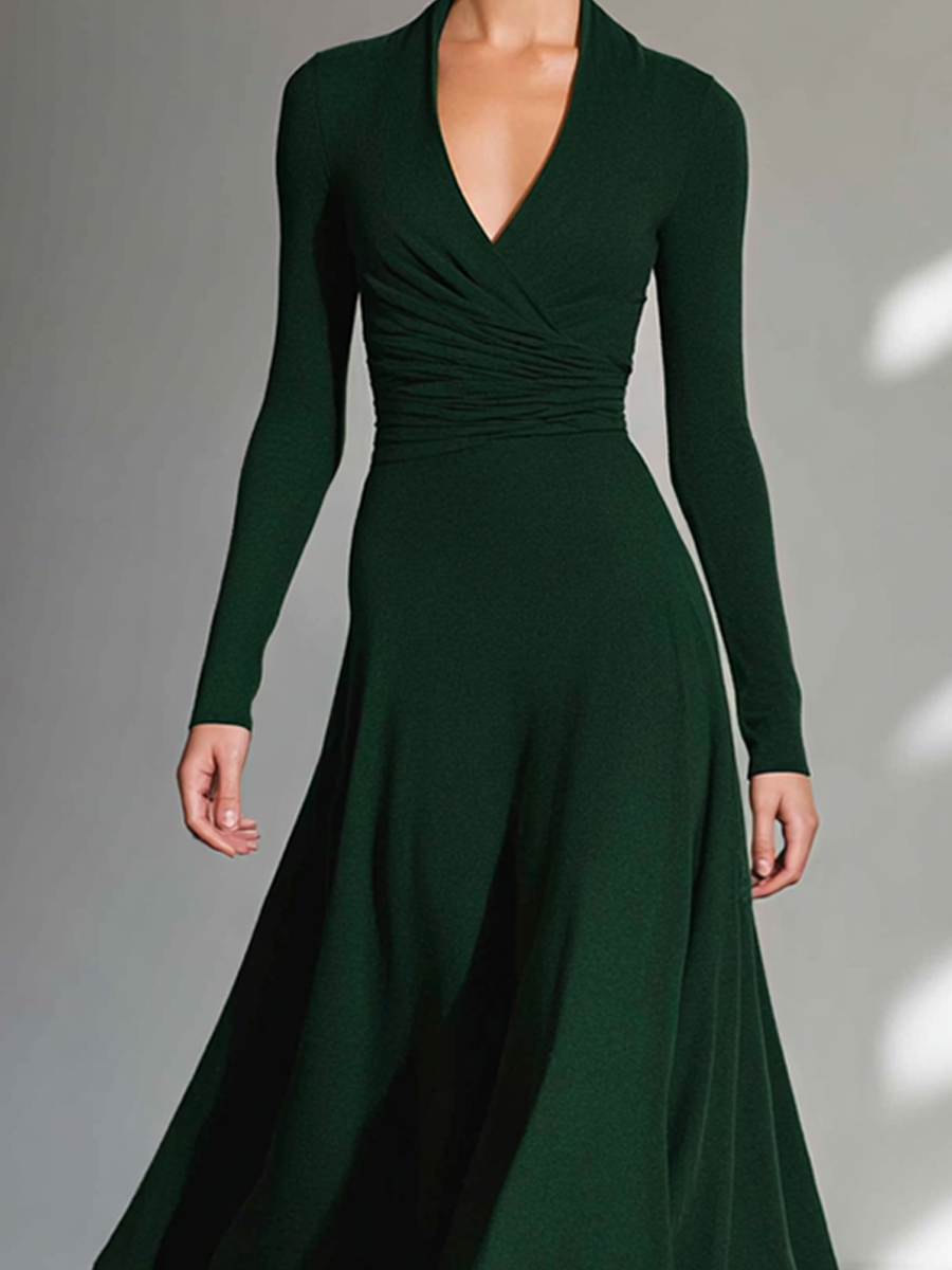 Women's Dark Green Stretch Knit Wrap-Style Midi Dress MDA2481K0AP