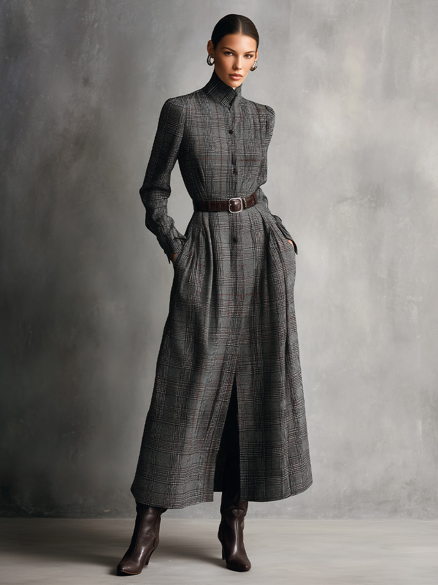 Women's Vintage Gray Plaid Cotton Blend Maxi Dress MDA2570J2I